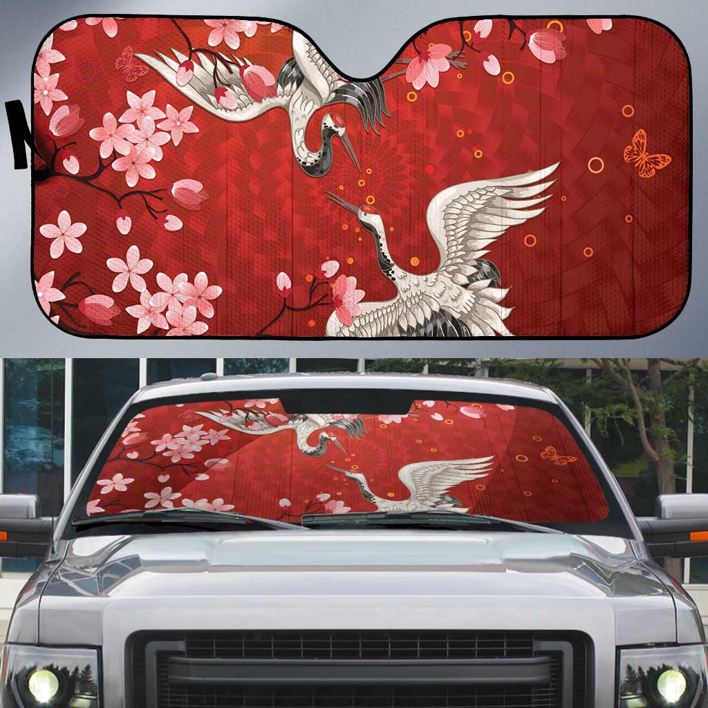 Hawaii Japan Cranes Sakura Flower Red Auto Sun Shade Japan Heritage Spirit - Polynesian Pride