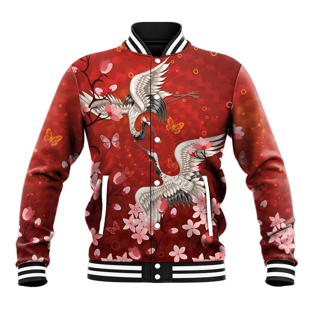 Hawaii Japan Cranes Sakura Flower Red Baseball Jacket Japan Heritage Spirit - Polynesian Pride