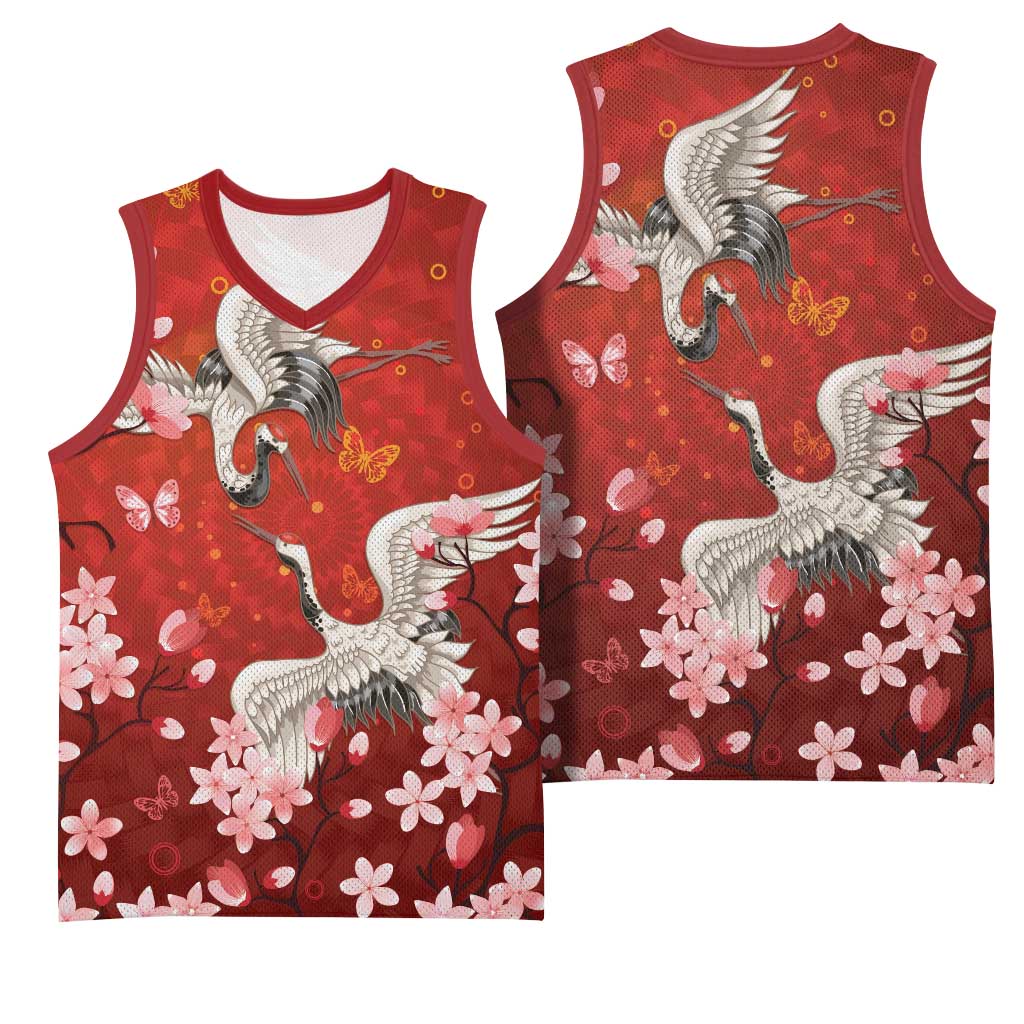 Hawaii Japan Cranes Sakura Flower Red Basketball Jersey Japan Heritage Spirit - Polynesian Pride
