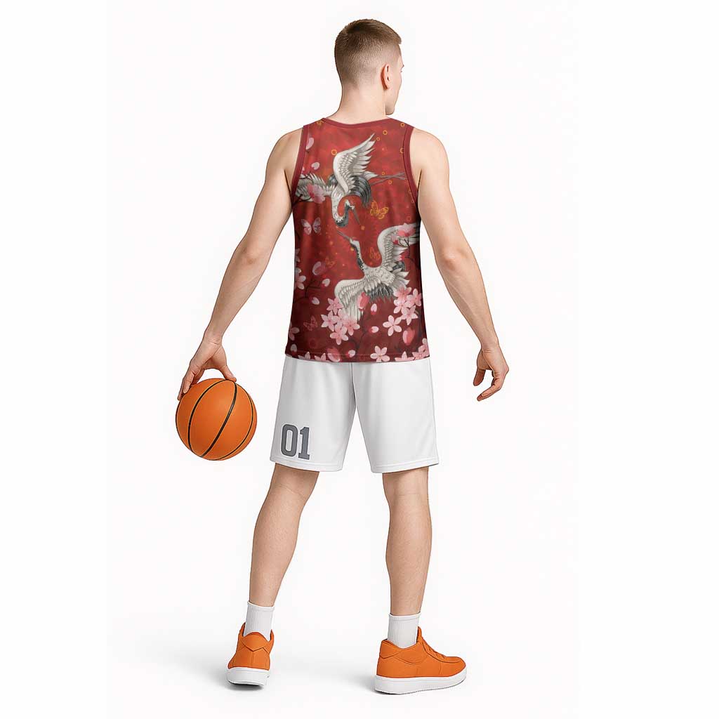 Hawaii Japan Cranes Sakura Flower Red Basketball Jersey Japan Heritage Spirit - Polynesian Pride
