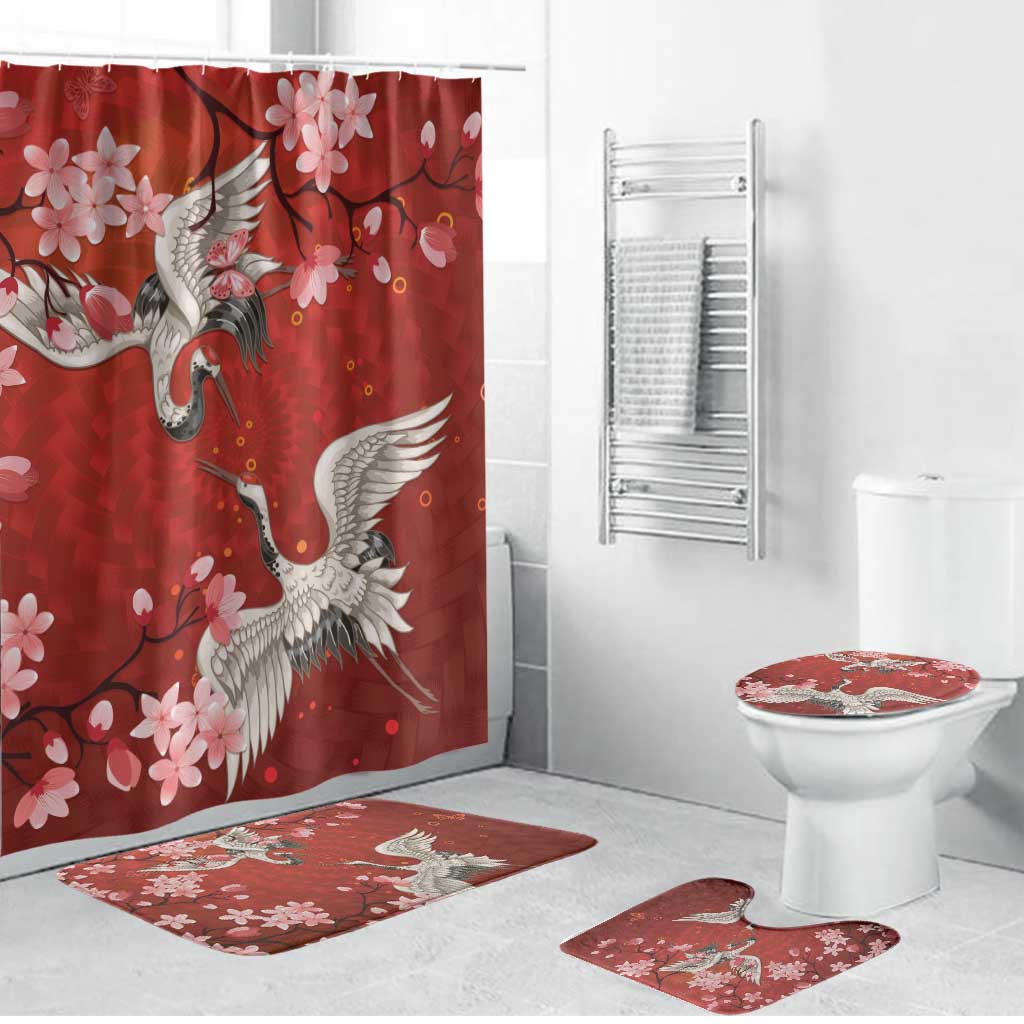 Hawaii Japan Cranes Sakura Flower Red Bathroom Set Japan Heritage Spirit - Polynesian Pride