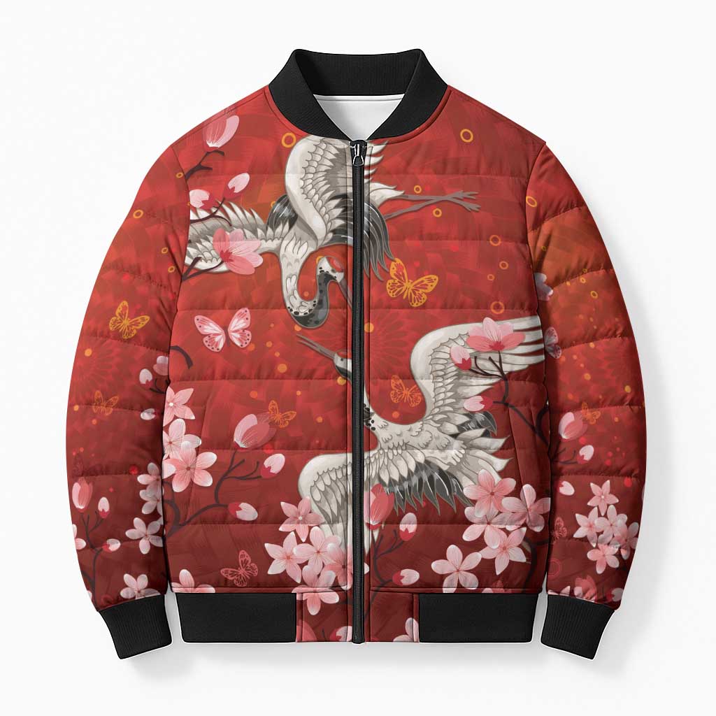 Hawaii Japan Cranes Sakura Flower Red Bomber Puffer Jacket Japan Heritage Spirit - Polynesian Pride