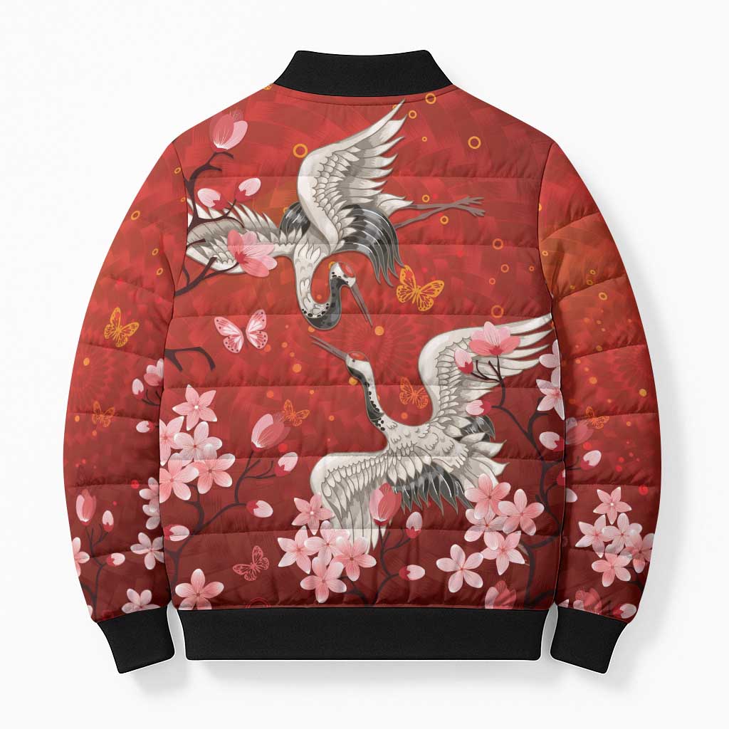 Hawaii Japan Cranes Sakura Flower Red Bomber Puffer Jacket Japan Heritage Spirit - Polynesian Pride