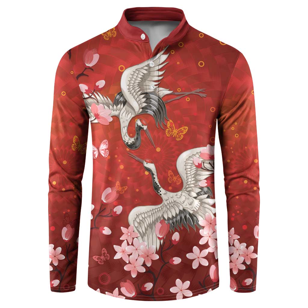 Hawaii Japan Cranes Sakura Flower Red Button Sweatshirt Japan Heritage Spirit - Polynesian Pride