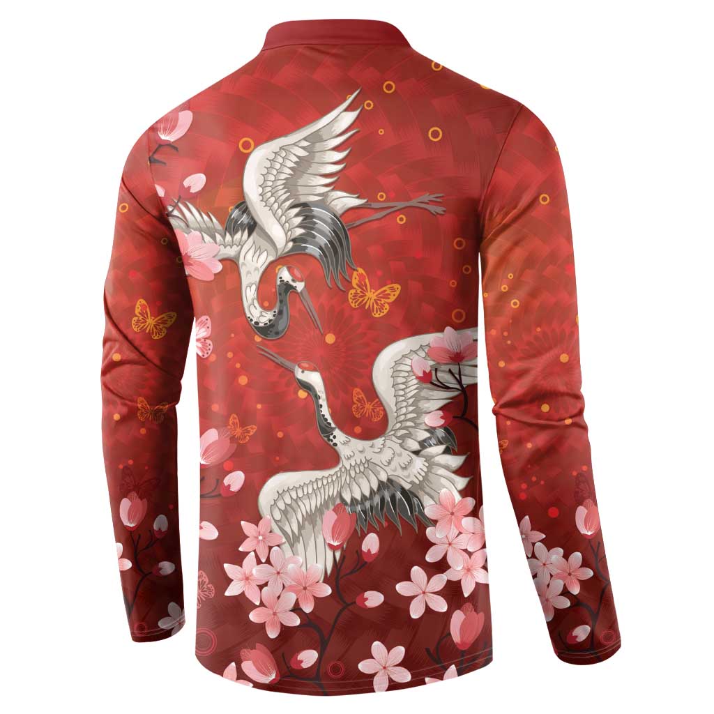Hawaii Japan Cranes Sakura Flower Red Button Sweatshirt Japan Heritage Spirit - Polynesian Pride