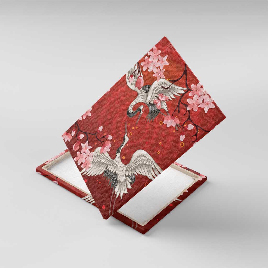 Hawaii Japan Cranes Sakura Flower Red Canvas Wall Art Japan Heritage Spirit - Polynesian Pride