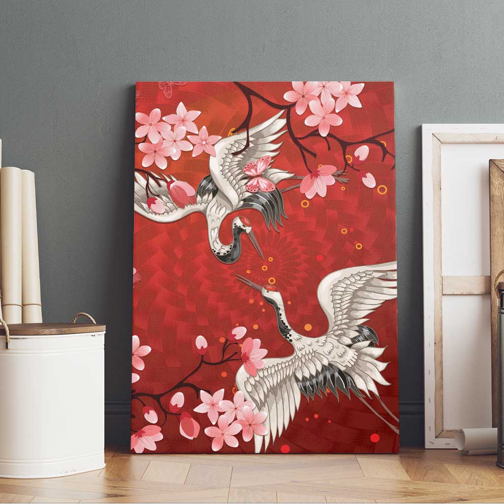 Hawaii Japan Cranes Sakura Flower Red Canvas Wall Art Japan Heritage Spirit - Polynesian Pride
