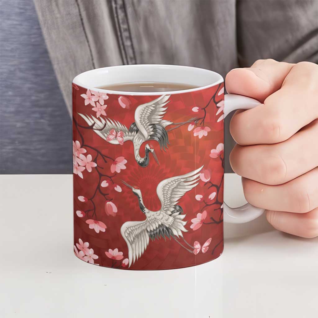Hawaii Japan Cranes Sakura Flower Red Ceramic Mug Japan Heritage Spirit - Polynesian Pride