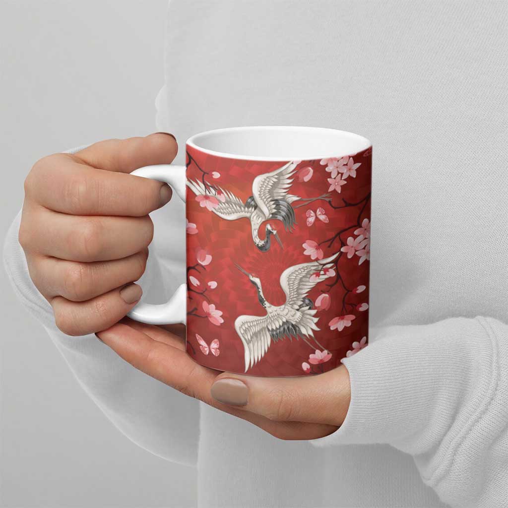 Hawaii Japan Cranes Sakura Flower Red Ceramic Mug Japan Heritage Spirit - Polynesian Pride