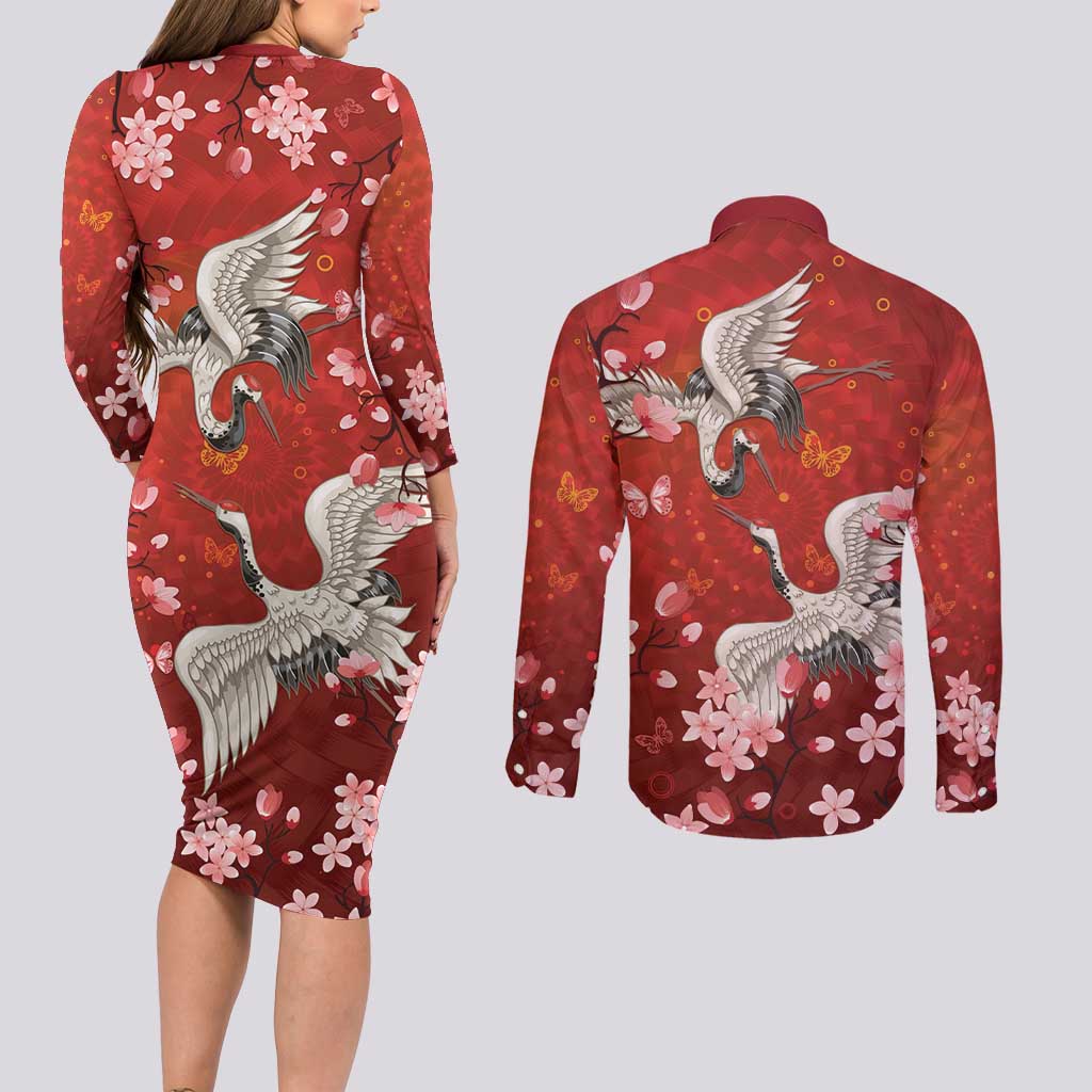 Hawaii Japan Cranes Sakura Flower Red Couples Matching Long Sleeve Bodycon Dress and Long Sleeve Button Shirt Japan Heritage Spirit - Polynesian Pride