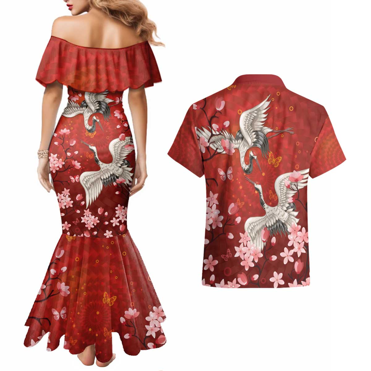 Hawaii Japan Cranes Sakura Flower Red Couples Matching Mermaid Dress and Hawaiian Shirt Japan Heritage Spirit - Polynesian Pride