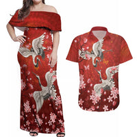 Hawaii Japan Cranes Sakura Flower Red Couples Matching Off Shoulder Maxi Dress and Hawaiian Shirt Japan Heritage Spirit - Polynesian Pride