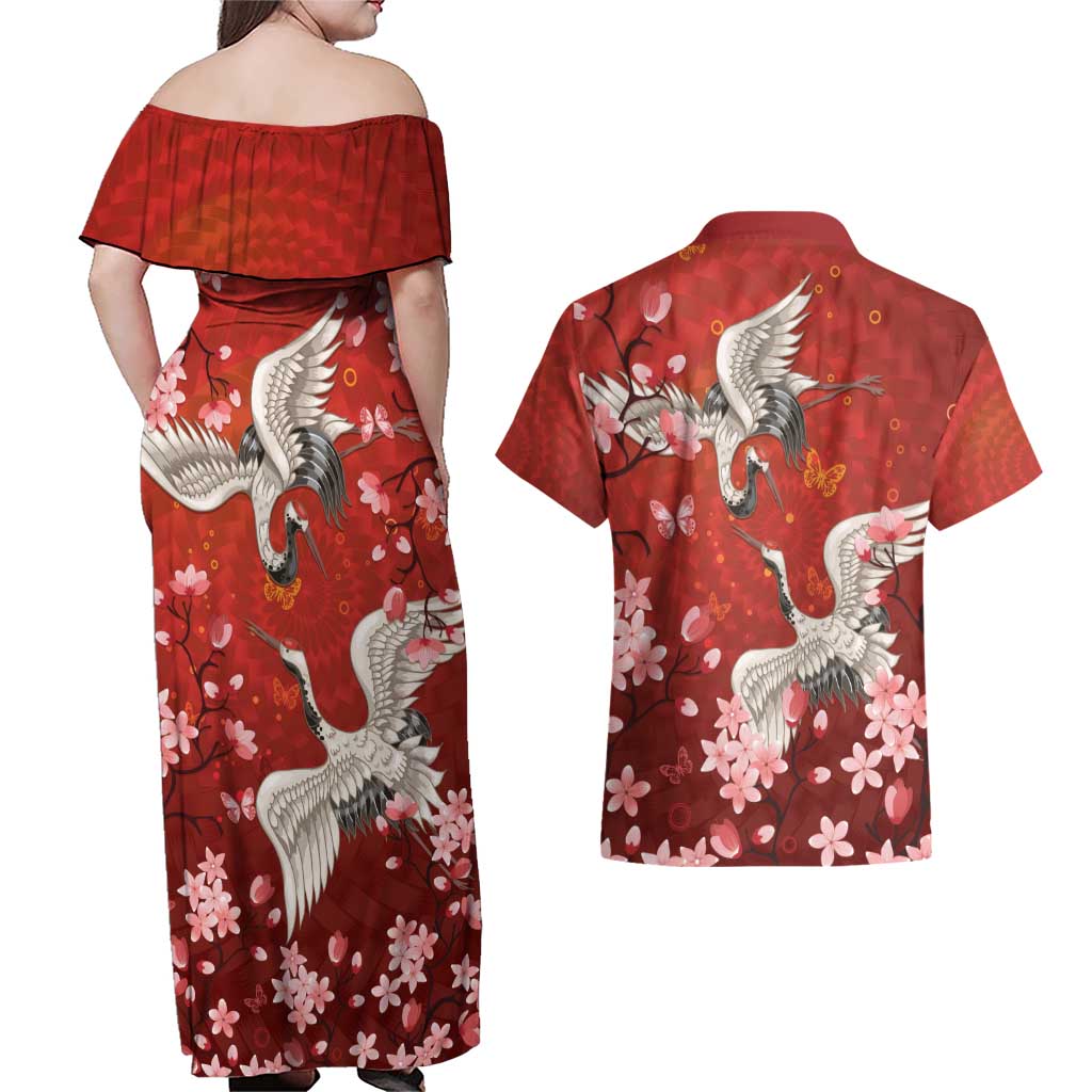 Hawaii Japan Cranes Sakura Flower Red Couples Matching Off Shoulder Maxi Dress and Hawaiian Shirt Japan Heritage Spirit - Polynesian Pride