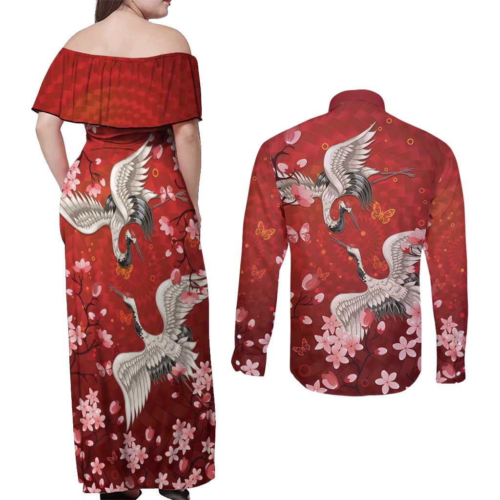 Hawaii Japan Cranes Sakura Flower Red Couples Matching Off Shoulder Maxi Dress and Long Sleeve Button Shirt Japan Heritage Spirit - Polynesian Pride