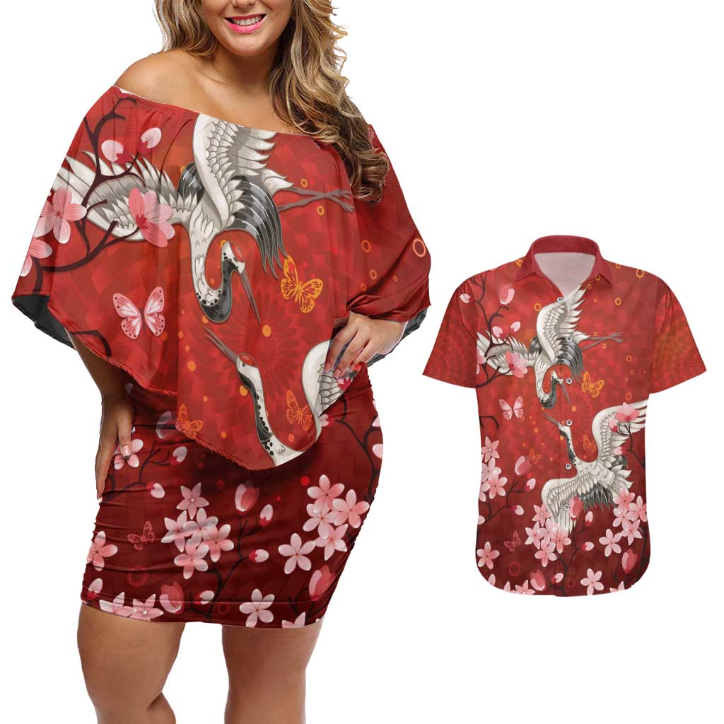 Hawaii Japan Cranes Sakura Flower Red Couples Matching Off Shoulder Short Dress and Hawaiian Shirt Japan Heritage Spirit - Polynesian Pride