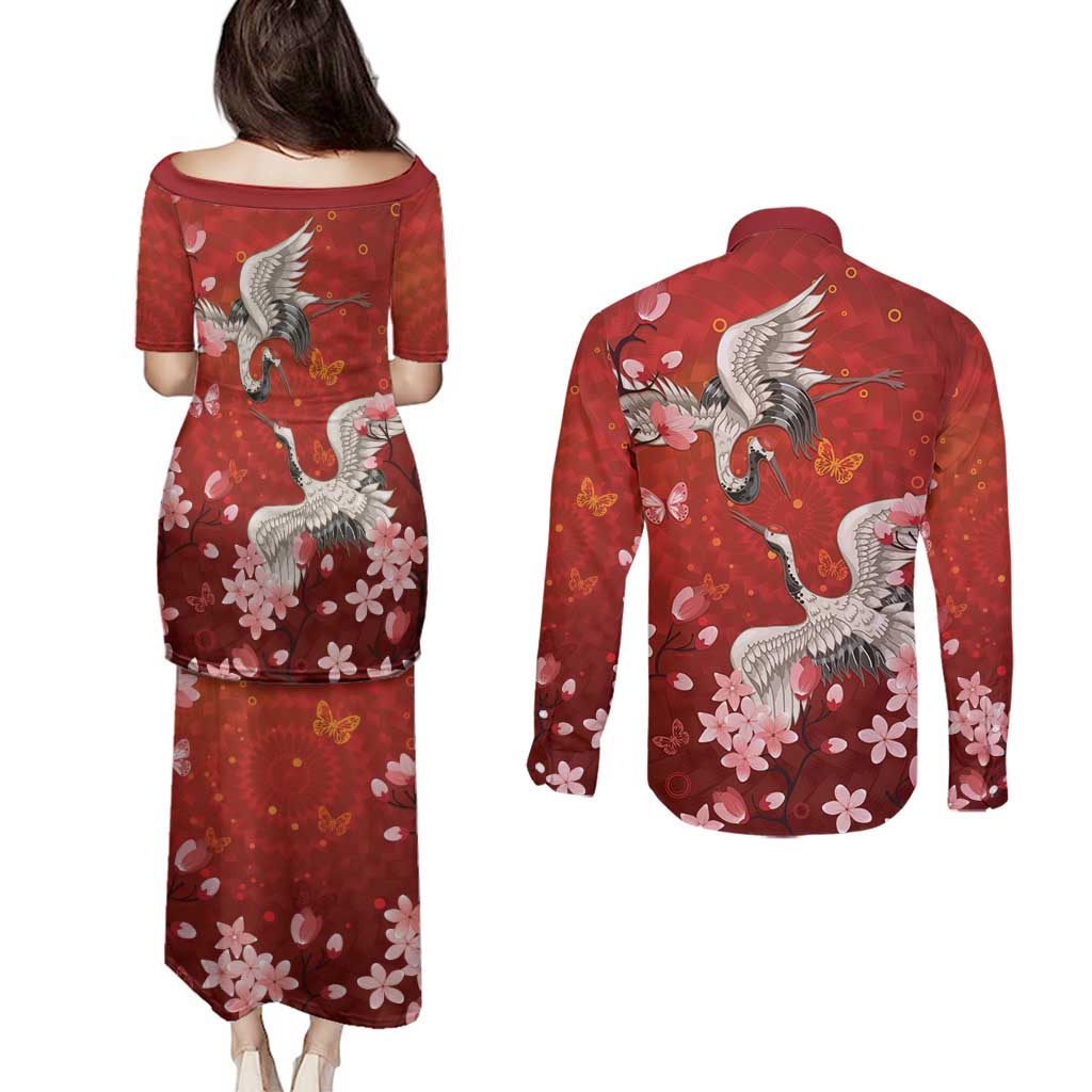 Hawaii Japan Cranes Sakura Flower Red Couples Matching Puletasi and Long Sleeve Button Shirt Japan Heritage Spirit - Polynesian Pride