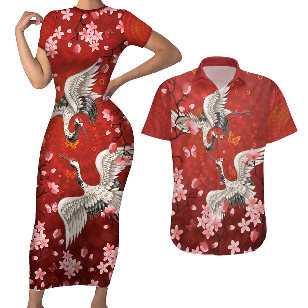 Hawaii Japan Cranes Sakura Flower Red Couples Matching Short Sleeve Bodycon Dress and Hawaiian Shirt Japan Heritage Spirit - Polynesian Pride