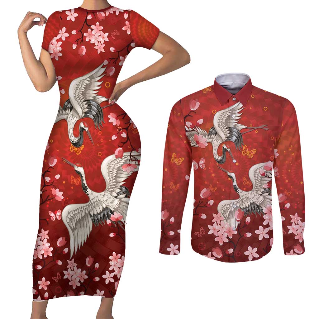 Hawaii Japan Cranes Sakura Flower Red Couples Matching Short Sleeve Bodycon Dress and Long Sleeve Button Shirt Japan Heritage Spirit - Polynesian Pride