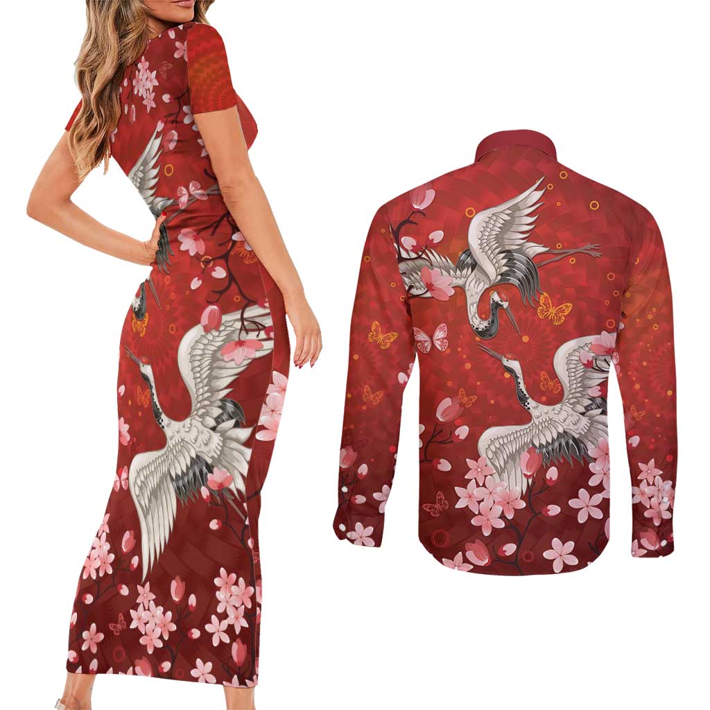 Hawaii Japan Cranes Sakura Flower Red Couples Matching Short Sleeve Bodycon Dress and Long Sleeve Button Shirt Japan Heritage Spirit - Polynesian Pride