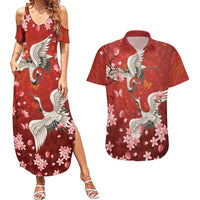 Hawaii Japan Cranes Sakura Flower Red Couples Matching Summer Maxi Dress and Hawaiian Shirt Japan Heritage Spirit - Polynesian Pride