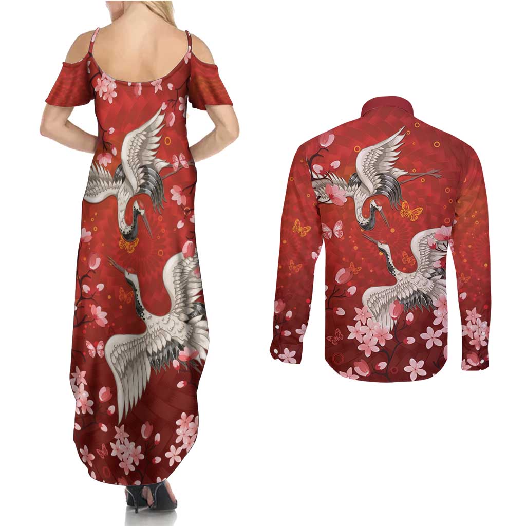 Hawaii Japan Cranes Sakura Flower Red Couples Matching Summer Maxi Dress and Long Sleeve Button Shirt Japan Heritage Spirit - Polynesian Pride