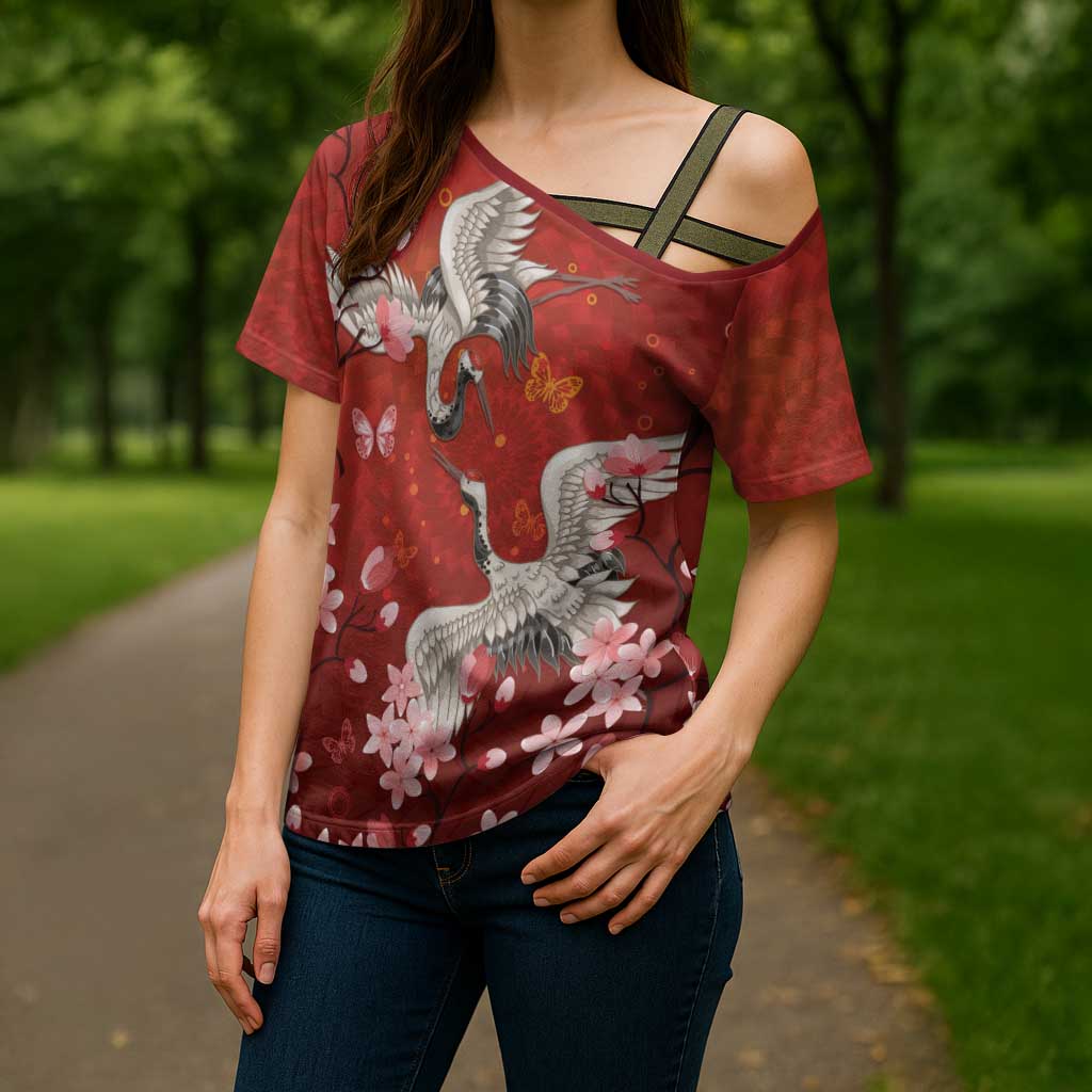 Hawaii Japan Cranes Sakura Flower Red Cross Shoulder Shirt Japan Heritage Spirit - Polynesian Pride
