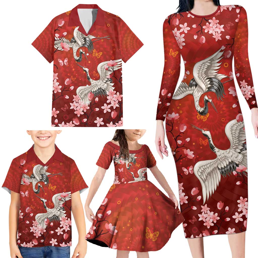 Hawaii Japan Cranes Sakura Flower Red Family Matching Long Sleeve Bodycon Dress and Hawaiian Shirt Japan Heritage Spirit - Polynesian Pride