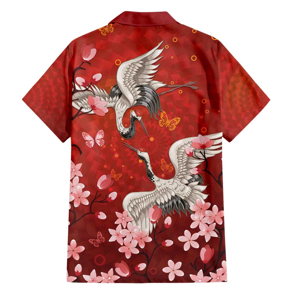 Hawaii Japan Cranes Sakura Flower Red Family Matching Long Sleeve Bodycon Dress and Hawaiian Shirt Japan Heritage Spirit - Polynesian Pride
