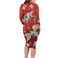 Hawaii Japan Cranes Sakura Flower Red Family Matching Long Sleeve Bodycon Dress and Hawaiian Shirt Japan Heritage Spirit - Polynesian Pride