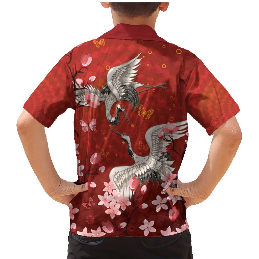 Hawaii Japan Cranes Sakura Flower Red Family Matching Mermaid Dress and Hawaiian Shirt Japan Heritage Spirit - Polynesian Pride