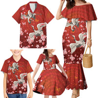 Hawaii Japan Cranes Sakura Flower Red Family Matching Mermaid Dress and Hawaiian Shirt Japan Heritage Spirit - Polynesian Pride