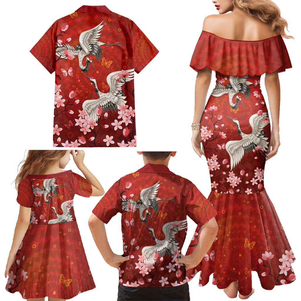 Hawaii Japan Cranes Sakura Flower Red Family Matching Mermaid Dress and Hawaiian Shirt Japan Heritage Spirit - Polynesian Pride