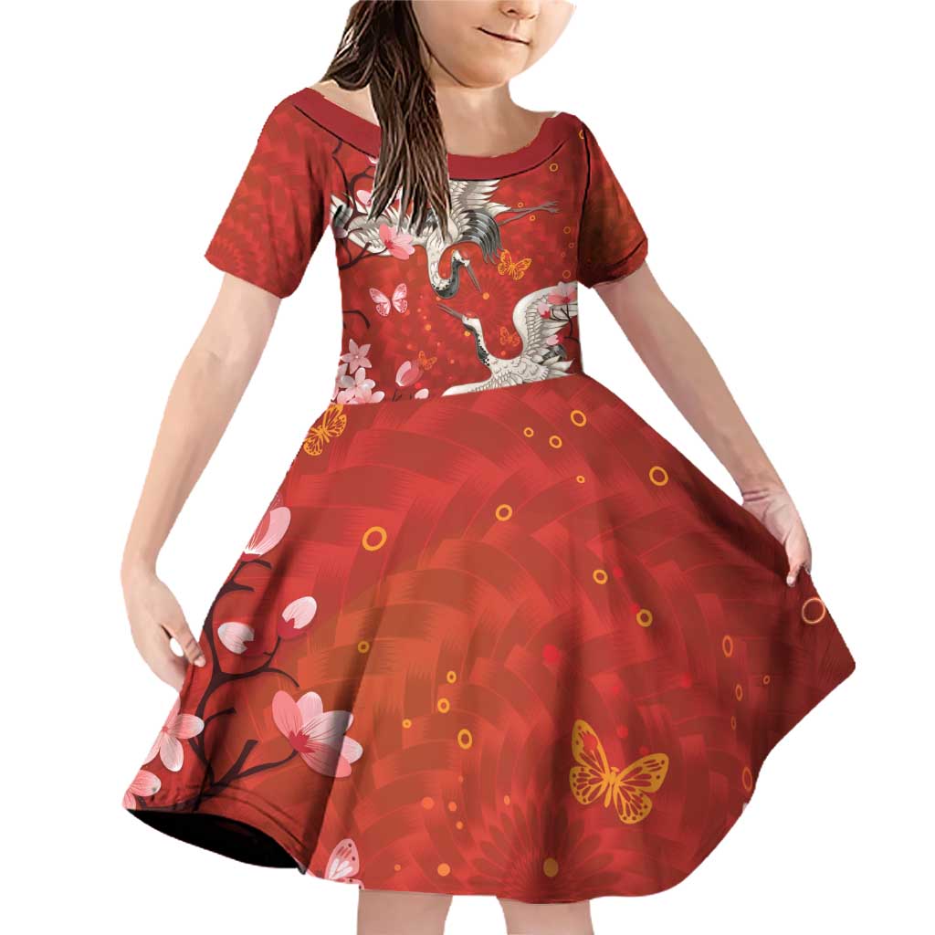 Hawaii Japan Cranes Sakura Flower Red Family Matching Off Shoulder Short Dress and Hawaiian Shirt Japan Heritage Spirit - Polynesian Pride