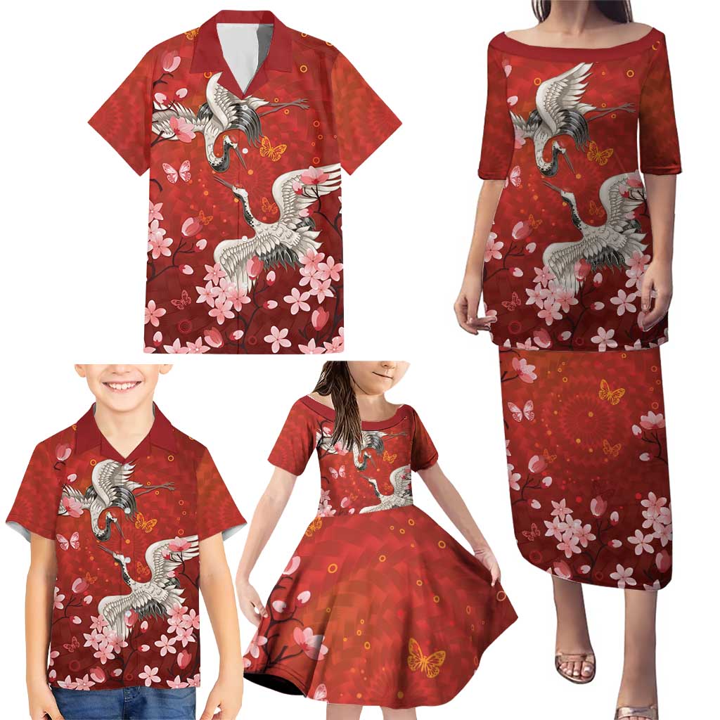 Hawaii Japan Cranes Sakura Flower Red Family Matching Puletasi and Hawaiian Shirt Japan Heritage Spirit LT01 - Polynesian Pride