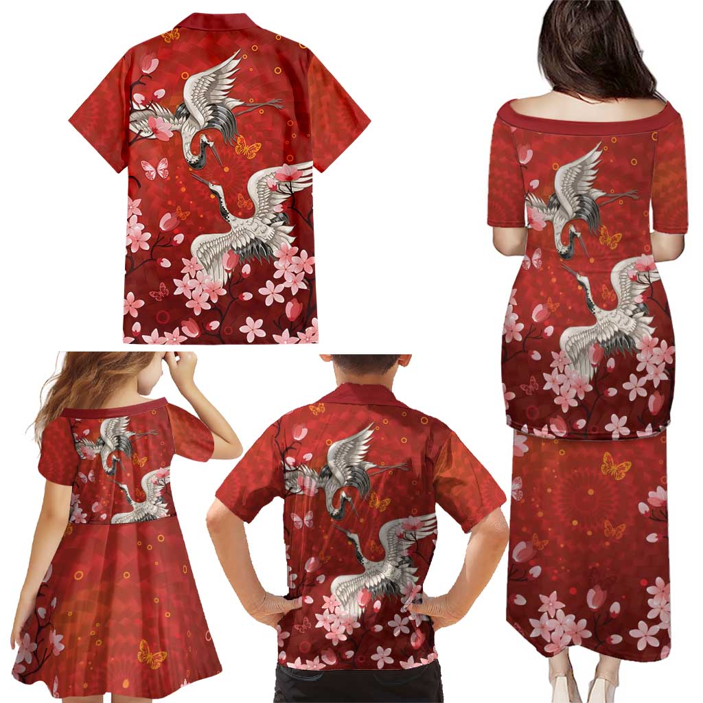 Hawaii Japan Cranes Sakura Flower Red Family Matching Puletasi and Hawaiian Shirt Japan Heritage Spirit LT01 - Polynesian Pride