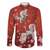 Hawaii Japan Cranes Sakura Flower Red Family Matching Puletasi and Hawaiian Shirt Japan Heritage Spirit LT01 Dad's Shirt - Long Sleeve Red - Polynesian Pride