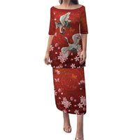 Hawaii Japan Cranes Sakura Flower Red Family Matching Puletasi and Hawaiian Shirt Japan Heritage Spirit LT01 Mom's Dress Red - Polynesian Pride