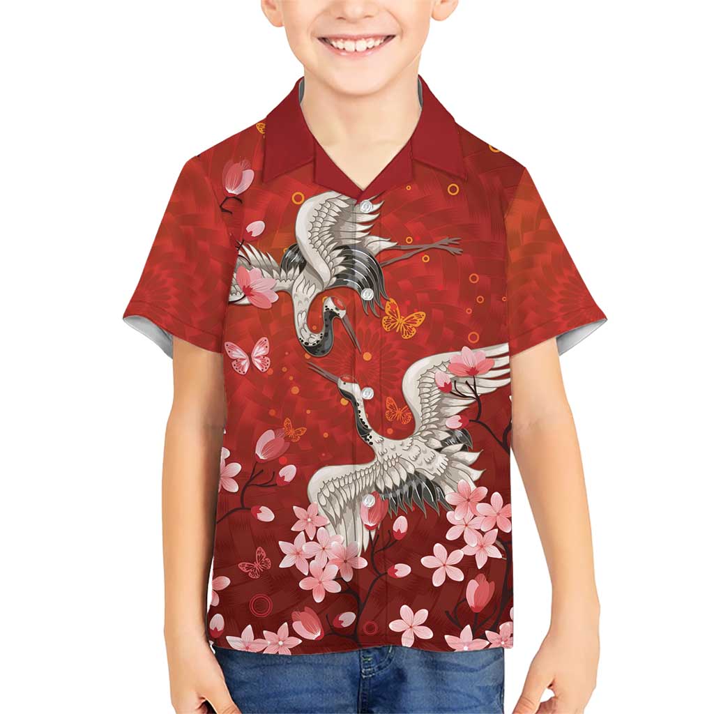 Hawaii Japan Cranes Sakura Flower Red Family Matching Puletasi and Hawaiian Shirt Japan Heritage Spirit LT01 Son's Shirt Red - Polynesian Pride
