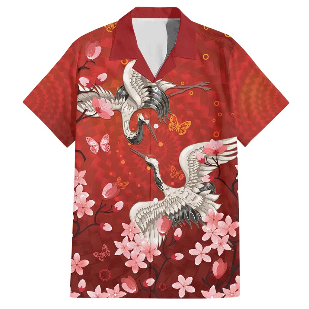 Hawaii Japan Cranes Sakura Flower Red Family Matching Short Sleeve Bodycon Dress and Hawaiian Shirt Japan Heritage Spirit - Polynesian Pride