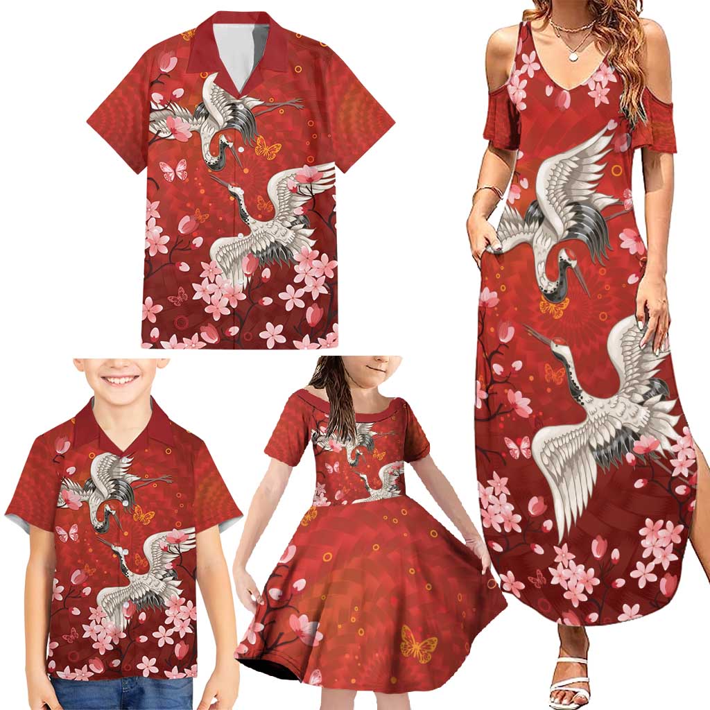 Hawaii Japan Cranes Sakura Flower Red Family Matching Summer Maxi Dress and Hawaiian Shirt Japan Heritage Spirit - Polynesian Pride