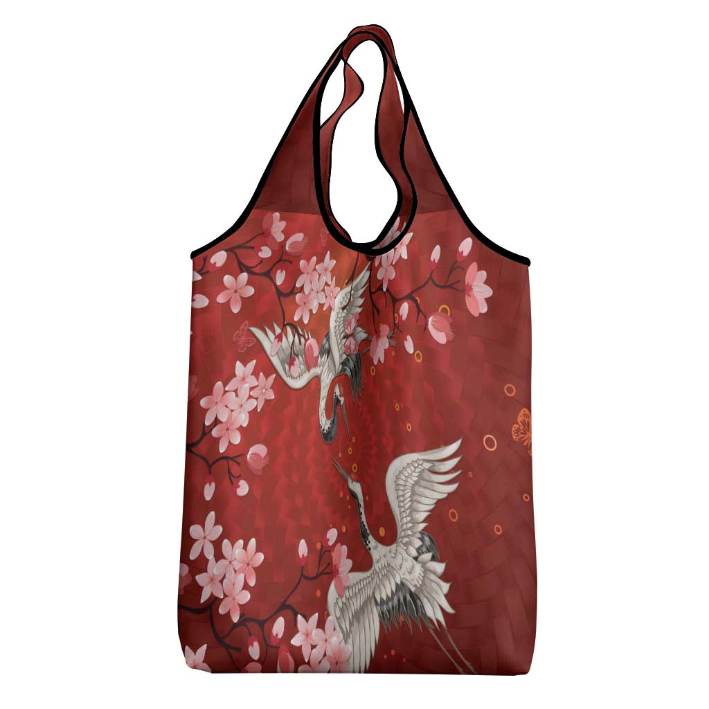 Hawaii Japan Cranes Sakura Flower Red Grocery Bag Japan Heritage Spirit - Polynesian Pride