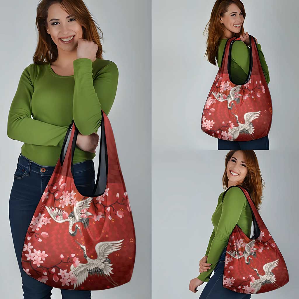 Hawaii Japan Cranes Sakura Flower Red Grocery Bag Japan Heritage Spirit - Polynesian Pride