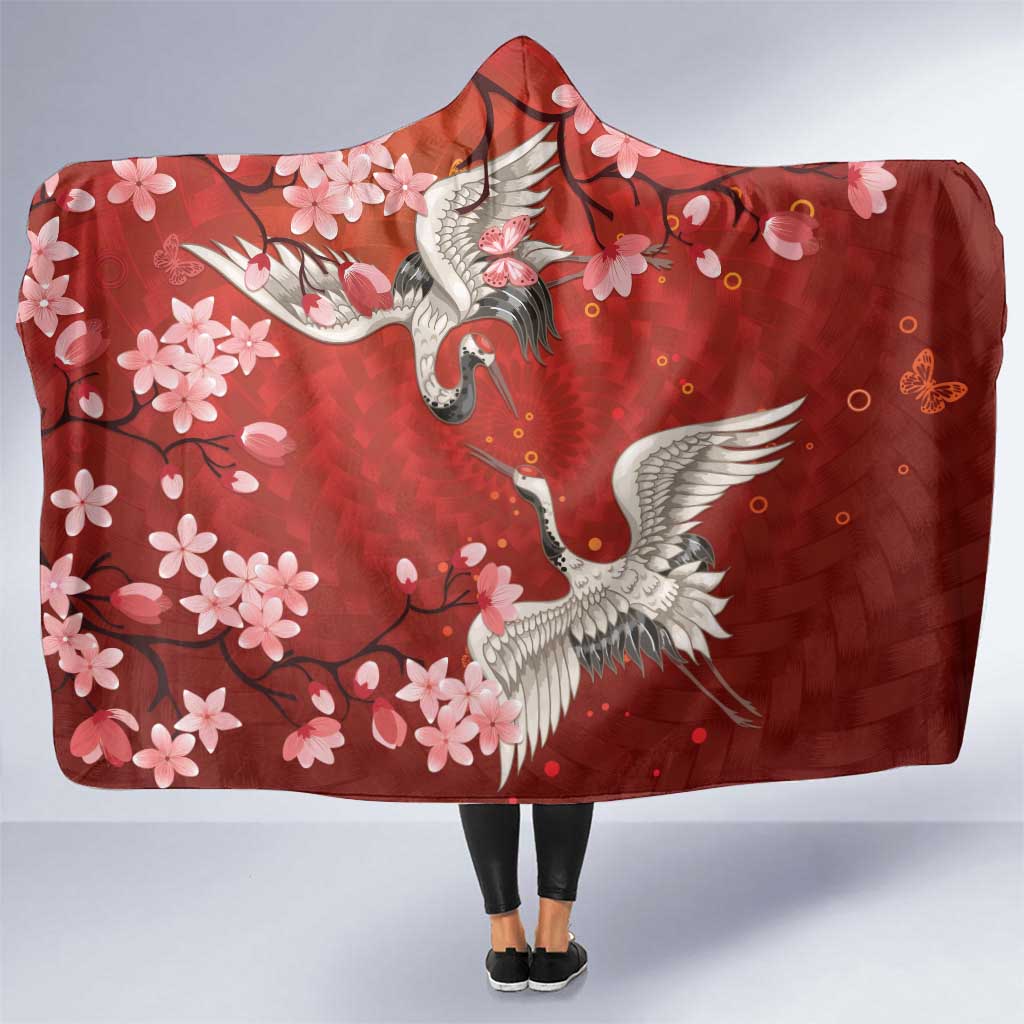 Hawaii Japan Cranes Sakura Flower Red Hooded Blanket Japan Heritage Spirit - Polynesian Pride