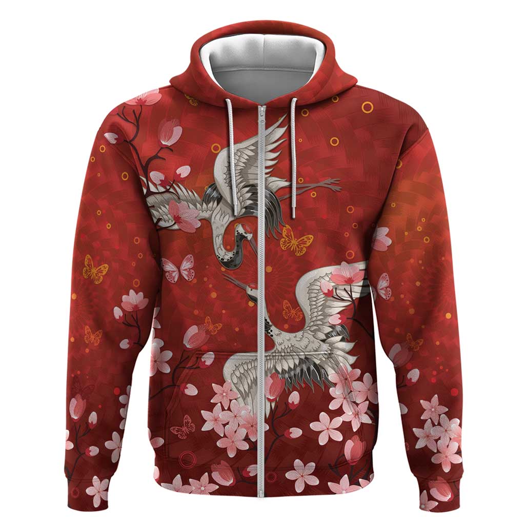 Hawaii Japan Cranes Sakura Flower Red Hoodie Japan Heritage Spirit - Polynesian Pride