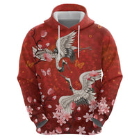 Hawaii Japan Cranes Sakura Flower Red Hoodie Japan Heritage Spirit - Polynesian Pride