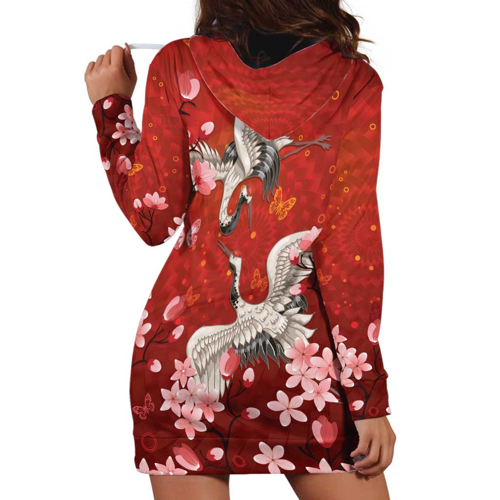 Hawaii Japan Cranes Sakura Flower Red Hoodie Dress Japan Heritage Spirit - Polynesian Pride