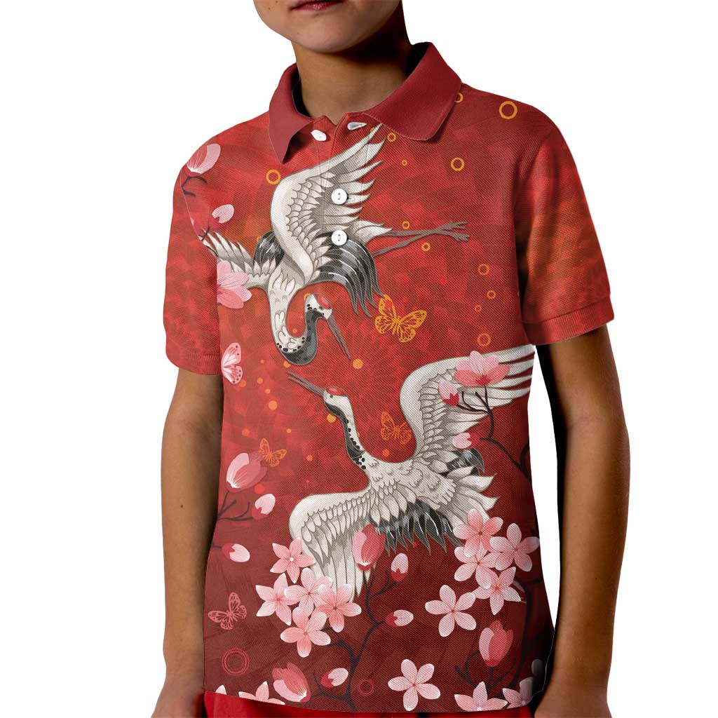 Hawaii Japan Cranes Sakura Flower Red Kid Polo Shirt Japan Heritage Spirit - Polynesian Pride