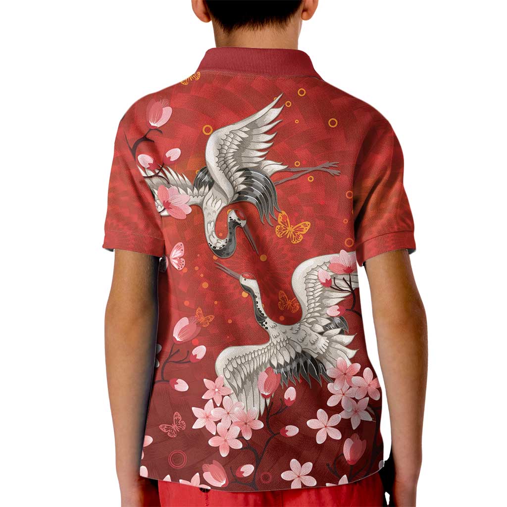 Hawaii Japan Cranes Sakura Flower Red Kid Polo Shirt Japan Heritage Spirit - Polynesian Pride