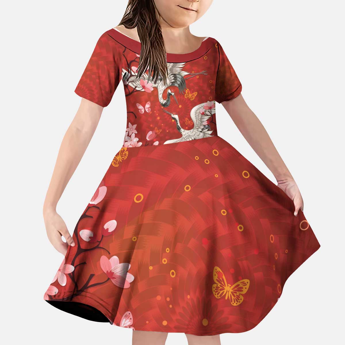 Hawaii Japan Cranes Sakura Flower Red Kid Short Sleeve Dress Japan Heritage Spirit - Polynesian Pride