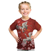 Hawaii Japan Cranes Sakura Flower Red Kid T Shirt Japan Heritage Spirit - Polynesian Pride